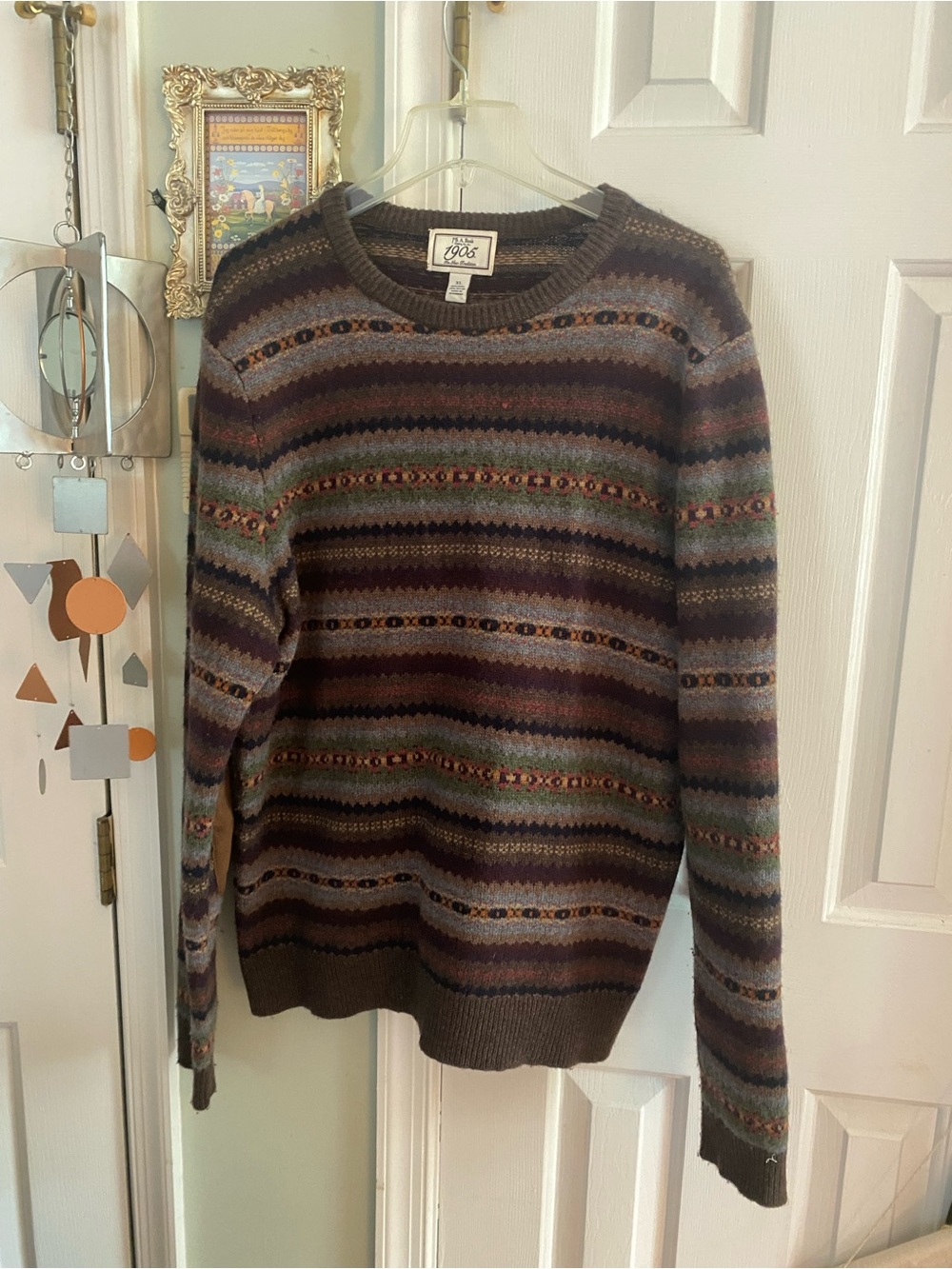 Jos. A. Bank Nordic Mens XL Wool Nylon Knit Crewneck Striped Elbow Patch Sweater